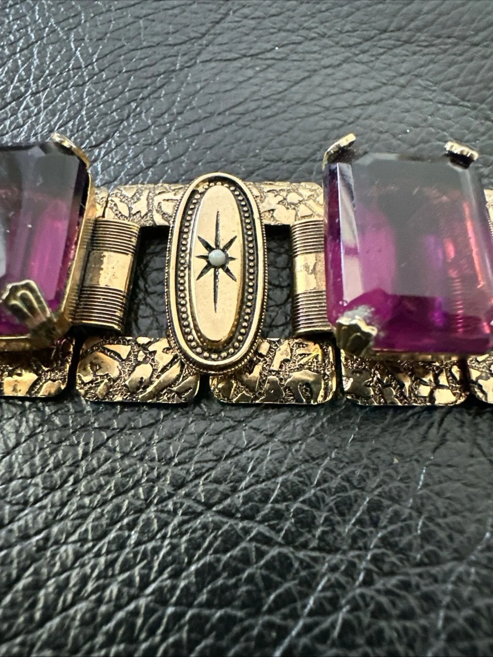 Vintage book chain panel Bracelet with Purple Glass Stones - Picture 4 of 6